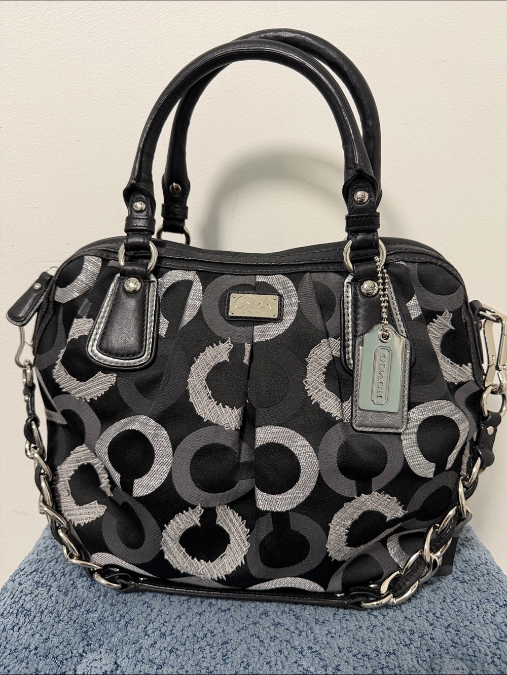 Coach Black & Silver Signature Circle Satchel with Chain-Detail Strap vintage - Picture 2 of 16